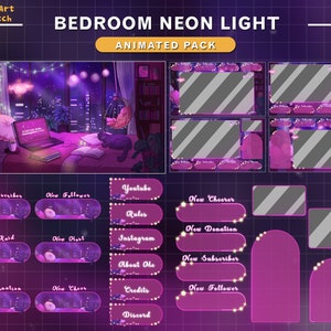 Animated Stream Package Cozy Bed Room Night City, Lo-fi Cat Overlay, Aesthetics Twitch Overlay
