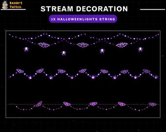 May include: Three strings of purple Halloween lights with bats and spiders hanging from them. The text "STREAM DECORATION 3X HALLOWEEN LIGHTS STRING" is at the top of the image.