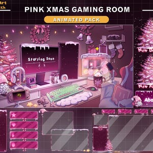 Puede incluir: Un paquete animado de sala de juegos navideña rosa con un árbol de Navidad, un gnomo y el texto "Starting Soon". El paquete incluye superposiciones para nuevas donaciones, nuevos seguidores y una sección "Acerca de mí".