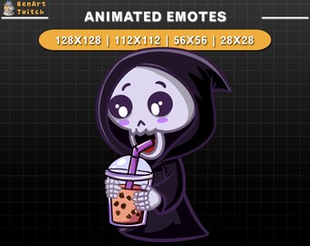 Geanimeerde Twitch-emote Grim Reaper Boba Tea, Halloween Twitch-emotes, schattige emotes voor YouTube, Discord