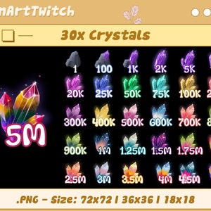 30x Crystals Twitch Sub Bit Badges, Gem Stone Sub Badges, Complete Twitch Bit Badges Set For Twitch, Discord