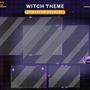 Sobreposição de webcam Witchy Twitch com tema roxo, molduras de câmera místicas com cartas de tarô, livro de feitiços, luas e estética mágica brilhante