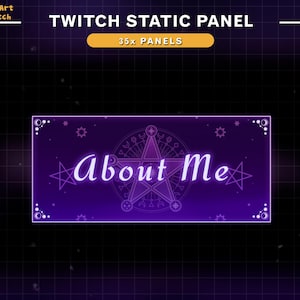 May include: Purple Twitch static panel with a glowing white star and the text "About Me" in a white cursive font.