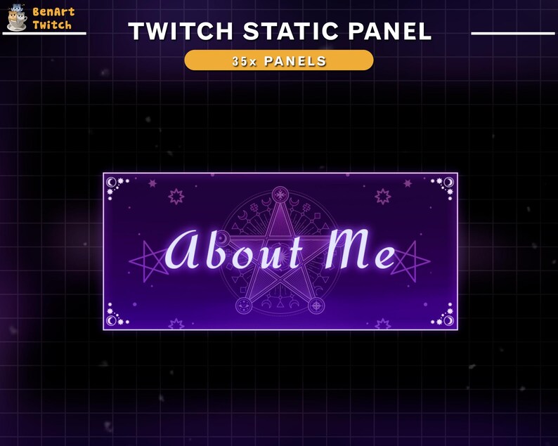May include: Purple Twitch static panel with a glowing white star and the text "About Me" in a white cursive font.
