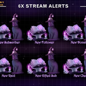 May include: Six animated stream alerts featuring a black cat wearing a witch's hat and holding an open book. The alerts are for new subscriber, new follower, new donation, new raid, new gifted sub, and new cheer.