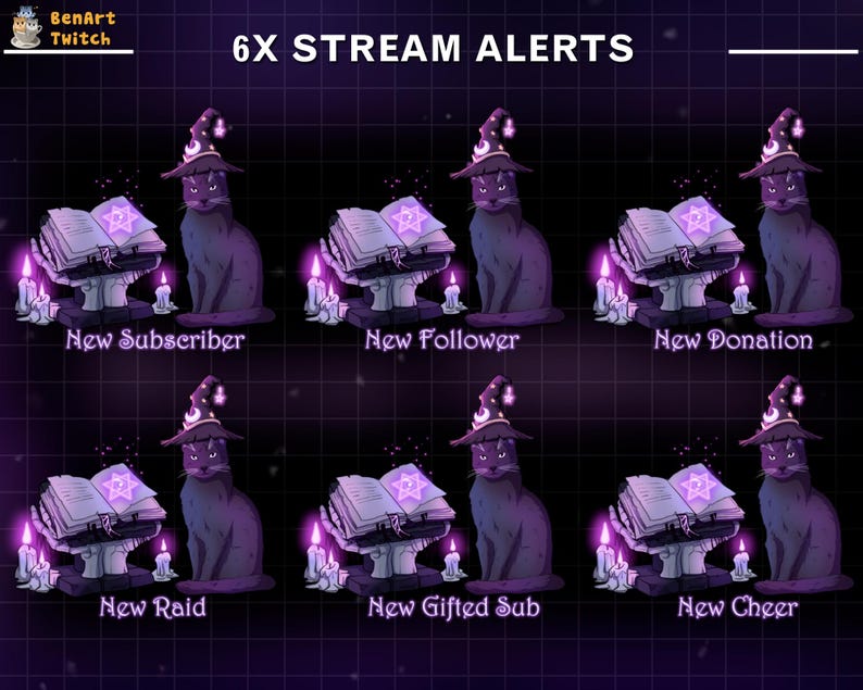May include: Six animated stream alerts featuring a black cat wearing a witch's hat and holding an open book. The alerts are for new subscriber, new follower, new donation, new raid, new gifted sub, and new cheer.