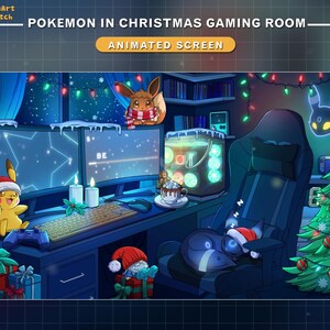 May include: An animated illustration of a Christmas-themed gaming room featuring Pok&eacute;mon characters. The scene includes a decorated Christmas tree, a gaming chair, and two computer monitors. Pikachu and Eevee are also present, along with the text "Pokemon in Christmas Gaming Room".