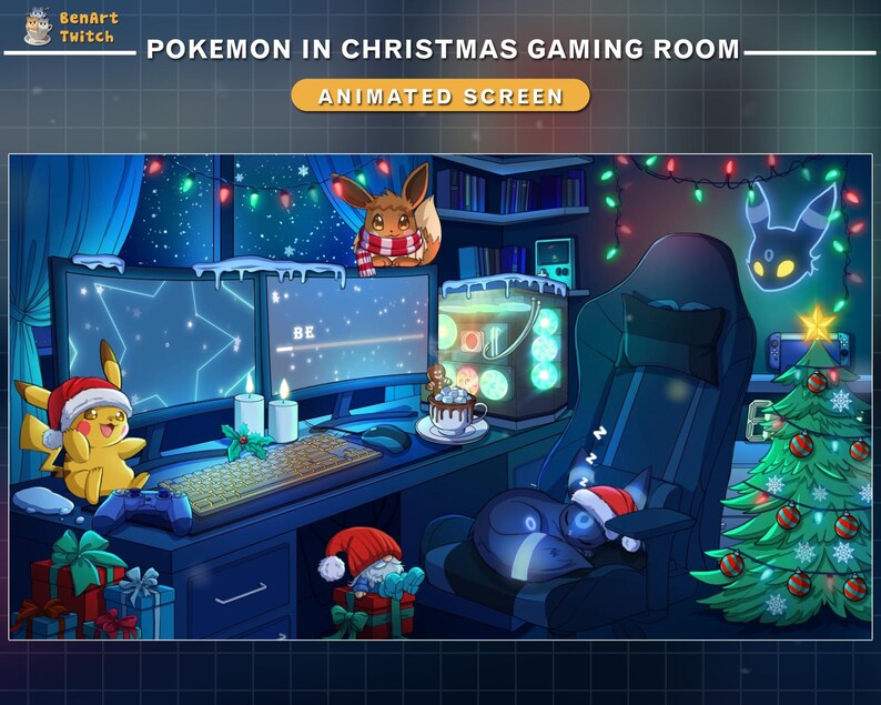 May include: An animated illustration of a Christmas-themed gaming room featuring Pok&eacute;mon characters. The scene includes a decorated Christmas tree, a gaming chair, and two computer monitors. Pikachu and Eevee are also present, along with the text "Pokemon in Christmas Gaming Room".