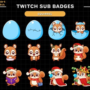 Könnte beinhalten: Eine Sammlung von Twitch-Sub-Badges mit einem Cartoon-Eichhörnchen. Die Badges zeigen das Eichhörnchen in verschiedenen Posen, darunter das Schlüpfen aus einem Ei, das Tragen eines Weihnachtsmützen und das Halten eines Buches. Der Text "TWITCH SUB BADGES" und "SQUIRREL" ist ebenfalls vorhanden.