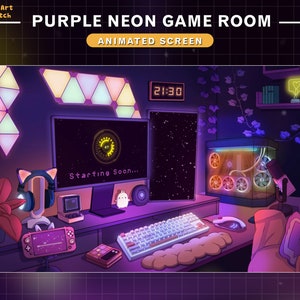 Animated Twitch Screens Cozy PC Room Setup, Purple Pink Neon Game Room Stream Screens, Retro Twitch Overlay, Starting Soon, BRB Screens