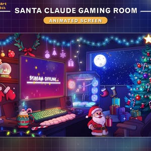 May include: A festive gaming room decorated for Christmas with a computer monitor displaying "Stream Offline..." on the screen, a Christmas tree, a Santa Claus figurine, and a gaming chair.