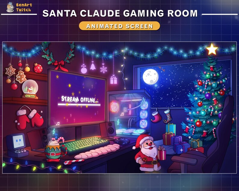 May include: A festive gaming room decorated for Christmas with a computer monitor displaying "Stream Offline..." on the screen, a Christmas tree, a Santa Claus figurine, and a gaming chair.