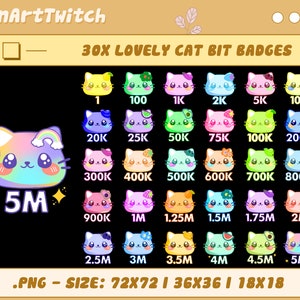 30x Cat Face Twitch Bit Badges, Cute Cat Twitch Sub Badges for Streamers, YouTubers & Discord