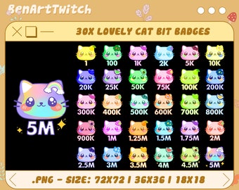 30x Cat Face Twitch Bit Badges, Cute Cat Twitch Sub Badges for Streamers, YouTubers & Discord