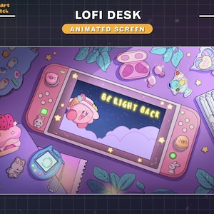 Écrans de Twitch de bureau Lofi animés, écrans de flux rose pastel de nuit avec configuration de chambre Kawaii confortable pour les arrière-plans de streamers et de Vtubers