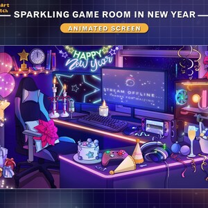 May include: A sparkling game room decorated for New Year's Eve. The room features a gaming chair, a computer monitor displaying "STREAM OFFLINE... THANKS FOR WAITING", a gaming console, a cake, and a variety of festive decorations, including balloons, streamers, and confetti.