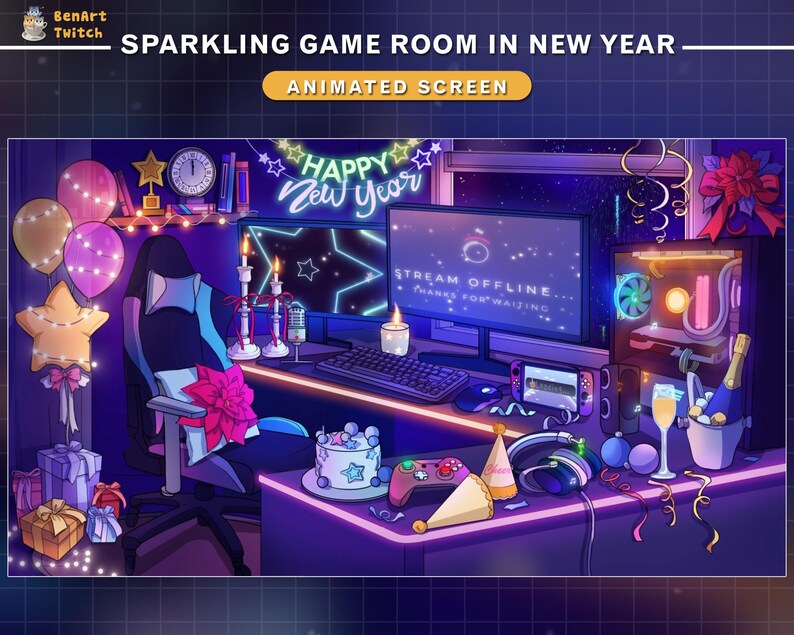 May include: A sparkling game room decorated for New Year's Eve. The room features a gaming chair, a computer monitor displaying "STREAM OFFLINE... THANKS FOR WAITING", a gaming console, a cake, and a variety of festive decorations, including balloons, streamers, and confetti.