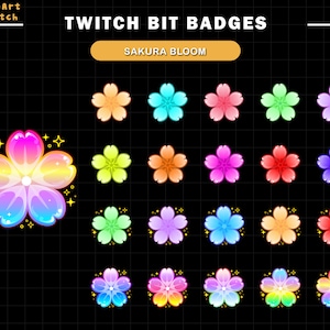 20個のカラフルな桜の花びらのTwitchビットバッジ、ストリーマー、YouTuber、Discord用の桜のTwitchサブバッジセット