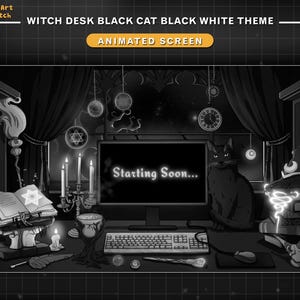 Animated Witch Desk Black Cat Stream Screen Black and White Theme, Mystic Twitch Overlay with Magic Books, Moon Starry Night...