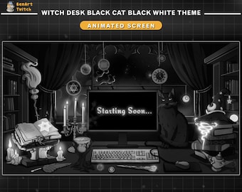 Bureau de sorcière animé avec chat noir, thème noir et blanc, superposition de mouvements mystiques avec des livres magiques, décoration de nuit étoilée de lune...