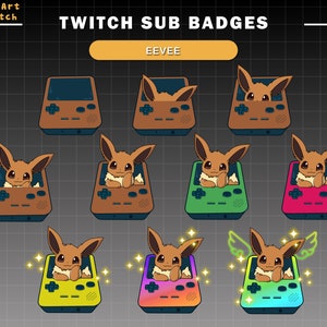 Op de afbeelding: Een set van negen Twitch-abonnement badges met een Eevee Pokémon-personage in een retro-videogamesysteem. De badges zijn in verschillende kleuren, waaronder bruin, groen, rood, geel en blauw. De badges zijn ontworpen voor Twitch-streamers om hun abonnees te belonen.