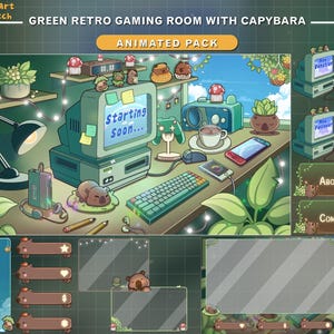 May include: Animated Twitch overlay pack featuring a green retro gaming room theme with a capybara. The scene includes a vintage computer, keyboard, and other gaming accessories. The screen displays "Starting Soon..." and includes "About Me" and "Commands" sections.