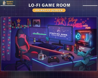 Pantallas animadas de Twitch Sala de PC acogedora, pantallas de transmisión de la sala de juegos Lofi, superposición retro de Twitch, transmisión que comenzará pronto, BRB, finalización de la transmisión