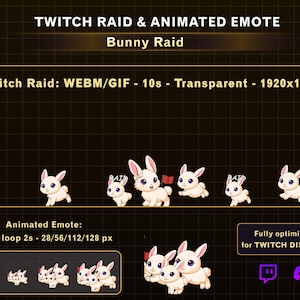 May include: An animated Twitch overlay featuring white cartoon bunnies with pink ears and red bows. The text "TWITCH RAID & ANIMATED EMOTE Bunny Raid" is displayed at the top. Additional text includes "Twitch Raid: WEBM/GIF - 10s - Transparent - 1920x1080" and "Animated Emote: GIF - loop 2s - 28/56/112/128 px".
