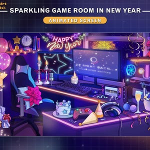 May include: A sparkling game room decorated for New Year's Eve. The room features a gaming chair, a desk with a computer, a gaming console, and a cake. The walls are decorated with lights and stars. The text "HAPPY New Year" is displayed on the computer screen.