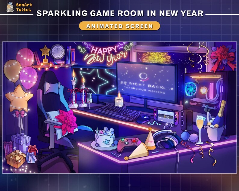 May include: A sparkling game room decorated for New Year's Eve. The room features a gaming chair, a desk with a computer, a gaming console, and a cake. The walls are decorated with lights and stars. The text "HAPPY New Year" is displayed on the computer screen.