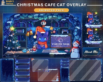 Animated Stream Package Cozy Forest Christmas Cat Twitch Overlay with Pikachu, Cute Cottagecore Stream, Xmas  Twitch, Graphics For Streamer