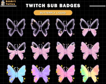 Op de afbeelding: Een verzameling Twitch sub-badges met vlinderontwerpen. De badges zijn in verschillende kleuren, waaronder paars, roze, blauw en geel, met een vloeistofeffect. De tekst "TWITCH SUB BADGES" en "BUTTERFLY LIQUID" staat bovenaan.