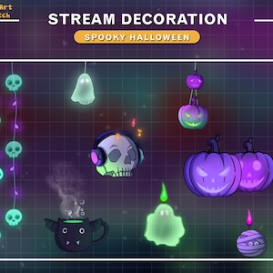 8x Animated Halloween Stream Decoration, Spooky Twitch Decoration with Skull, Pumpkin, Candles...