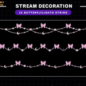 Op de afbeelding: Drie strengen roze vlinderverlichting met witte sterren en halve manen. De tekst "STREAM DECORATION 3X BUTTERFLY LIGHTS STRING" staat bovenaan de afbeelding.