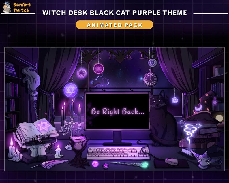 May include: Animated Twitch stream overlay featuring a witch's desk with a black cat, books, candles, and a computer screen displaying "Be Right Back..." The overlay has a purple theme with glowing stars and a starry night sky in the background.