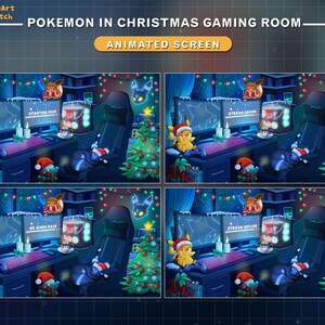 May include: Animated screen depicting a Christmas-themed gaming room with Pokemon characters. The scene includes a decorated Christmas tree, a gaming setup with dual monitors, and festive decorations. Text on the screen reads "Pokemon in Christmas Gaming Room" and "Animated Screen".