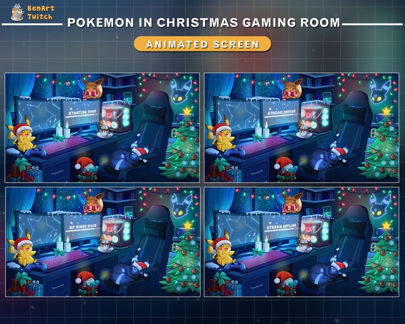 May include: Animated screen depicting a Christmas-themed gaming room with Pokemon characters. The scene includes a decorated Christmas tree, a gaming setup with dual monitors, and festive decorations. Text on the screen reads "Pokemon in Christmas Gaming Room" and "Animated Screen".