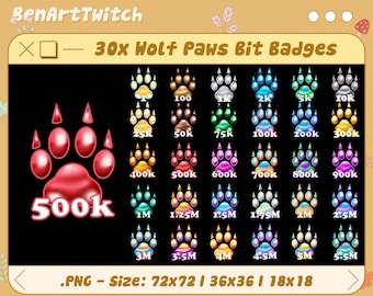 Wolf Paws Twitch Bit Badges, Paw Bit Tier Badges, Cute Cat Twitch Sub Badges for Streamer, Discord