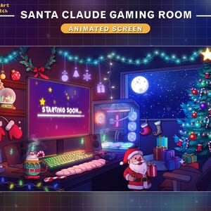 Animowany ekran Twitch na Boże Narodzenie w pokoju gier, transmisja na żywo z pokoju Lo-fi z komputerem, choinka, świeca, bałwan...