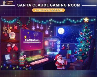 Pode incluir: Uma sala de jogos festiva decorada para o Natal com um monitor de computador que exibe "Starting Soon..." e uma figura do Papai Noel segurando um presente. A sala está decorada com uma árvore de Natal, luzes e outras decorações festivas.