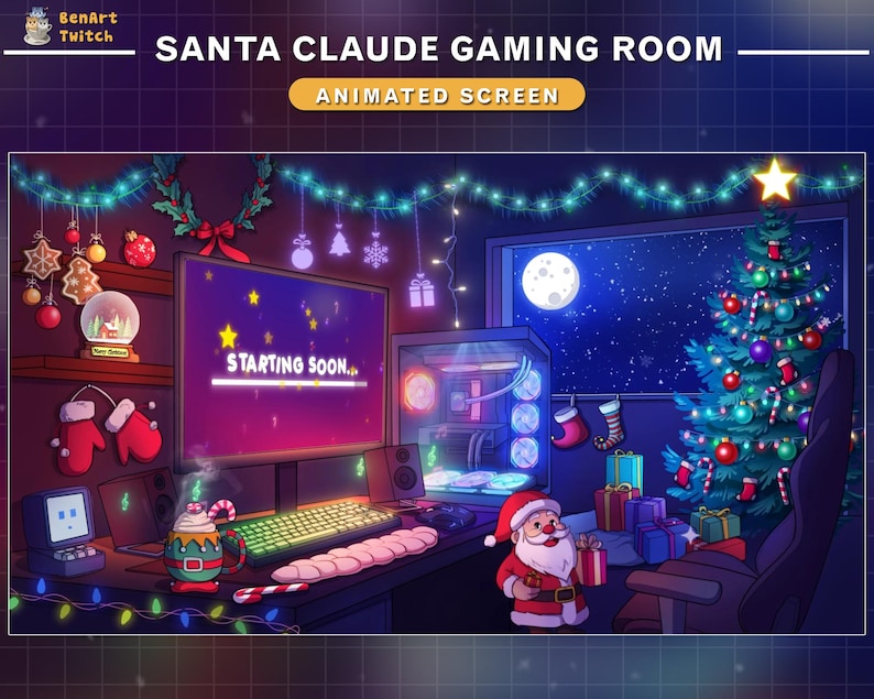May include: A festive gaming room decorated for Christmas with a computer monitor displaying "Starting Soon..." and a Santa Claus figurine holding a gift. The room is decorated with a Christmas tree, lights, and other festive decorations.