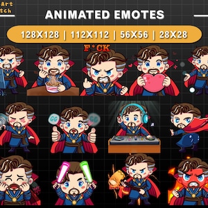 Pacote de Emotes Animados do Doutor Estranho, Emotes Chibi Marvel Twitch e Discord com Amor, Raiva, GG, Ban, DJ, Sabres de Luz