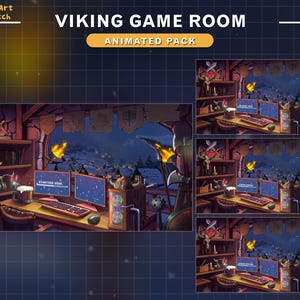 Puede incluir: Una ilustraci&oacute;n digital de una sala de juegos con tem&aacute;tica vikinga con un escritorio de madera, dos monitores de computadora, una jarra de cerveza y un paisaje nevado fuera de la ventana. El texto "VIKING GAME ROOM" y "ANIMATED PACK" se muestra sobre la imagen.