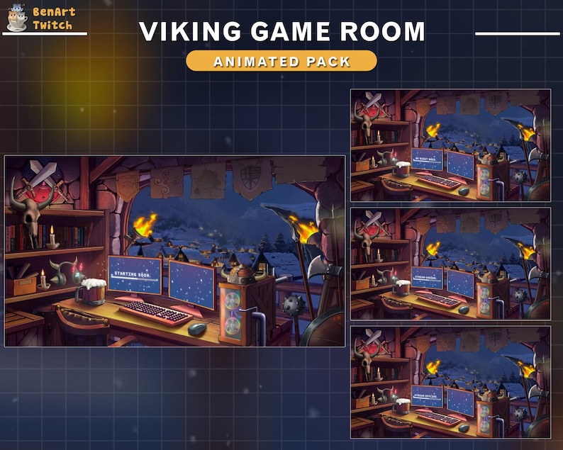Puede incluir: Una ilustraci&oacute;n digital de una sala de juegos con tem&aacute;tica vikinga con un escritorio de madera, dos monitores de computadora, una jarra de cerveza y un paisaje nevado fuera de la ventana. El texto "VIKING GAME ROOM" y "ANIMATED PACK" se muestra sobre la imagen.