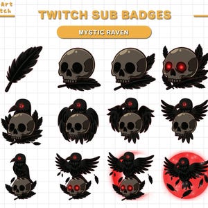 May include: A collection of Twitch sub badges featuring a mystic raven theme. The badges include a black feather, skulls with and without raven wings, and ravens perched on skulls. Some skulls have glowing red eyes.