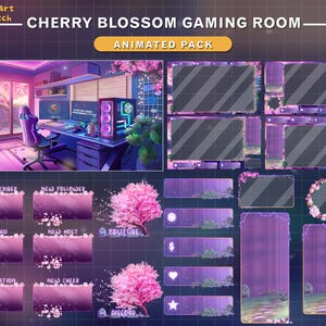 Animated Twitch Overlay Cherry Blossom PC Room Setup,  Aesthetic Sakura Game Room Stream Overlay