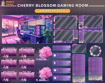 Animated Twitch Overlay Cherry Blossom PC Room Setup,  Aesthetic Sakura Game Room Stream Overlay
