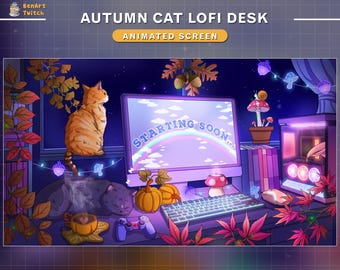 Animated Stream Screen Autumn Cat Lofi Desk, Fall Twitch Overlay, Aesthetic Twitch Overlay, Cozy Room Screens...