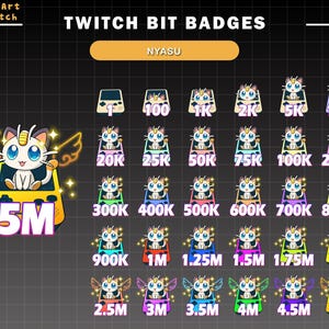 May include: A set of 20 colorful Twitch bit badges featuring a cartoon cat with a unicorn horn and wings. The badges show different bit amounts from 1 to 5 million.