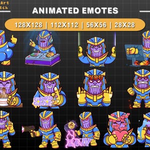 Pacote de emotes animados do Thanos para Twitch, emotes de super-heróis Chibi para Twitch e Discord, robô gamer apaixonado, raiva, GG, banimento, DJ, sabres de luz